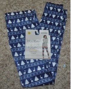 Womens Christmas Leggings Blue Fleece Lined L/XL Elastic Waist Pants Holiday